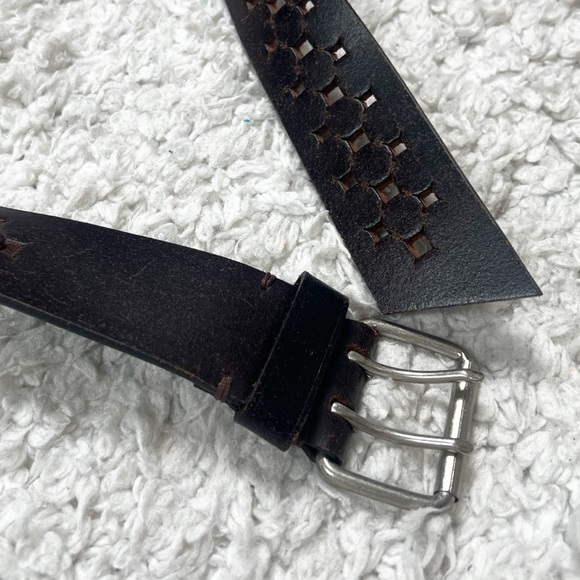 Express Vintage Perforated Brown Leather Belt Silver Buckle Medium Adjustable - Picture 3 of 6